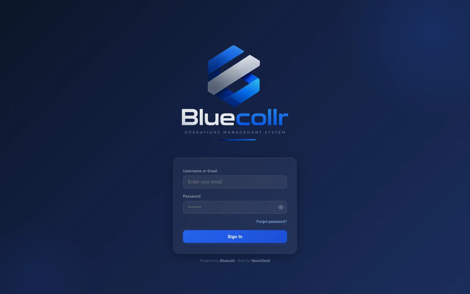 BlueCollr operations platform sign in workspace